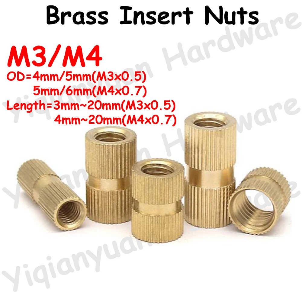 Yiqianyuan M3 M4 Brass Hot Melt Knurled Insert Nut Injection Molding Copper Inserts Nuts Through Hole Embedded Nutsert