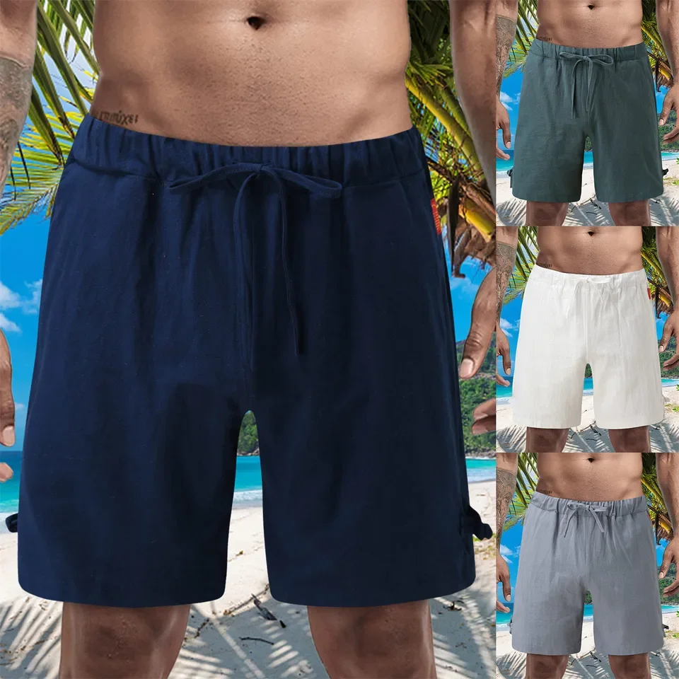 ヴィンテージファッション無地リネンショーツメンズ夏休みビーチカジュアルショーツルーズドローストリングレースアップワイドレッグショーツ