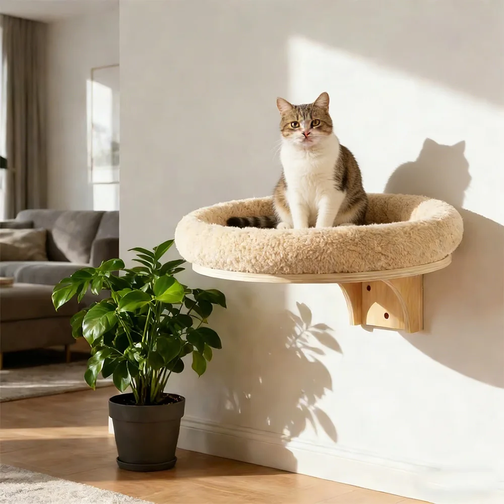 

Настенная кошачья кровать для домашних кошек Уютный мягкий плюшевый кошачий окунь с деревянным кронштейном Мебель для кошек для расслабления и снаряжения
