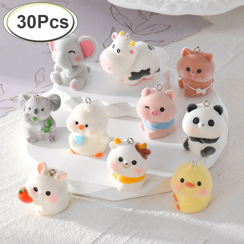 30Pcs Fluffy Flocking Animals Resin Charms Wholesale 3D Cute Pig Duck Rabbit Koala Panda Pendants for DIY Jewelry Making