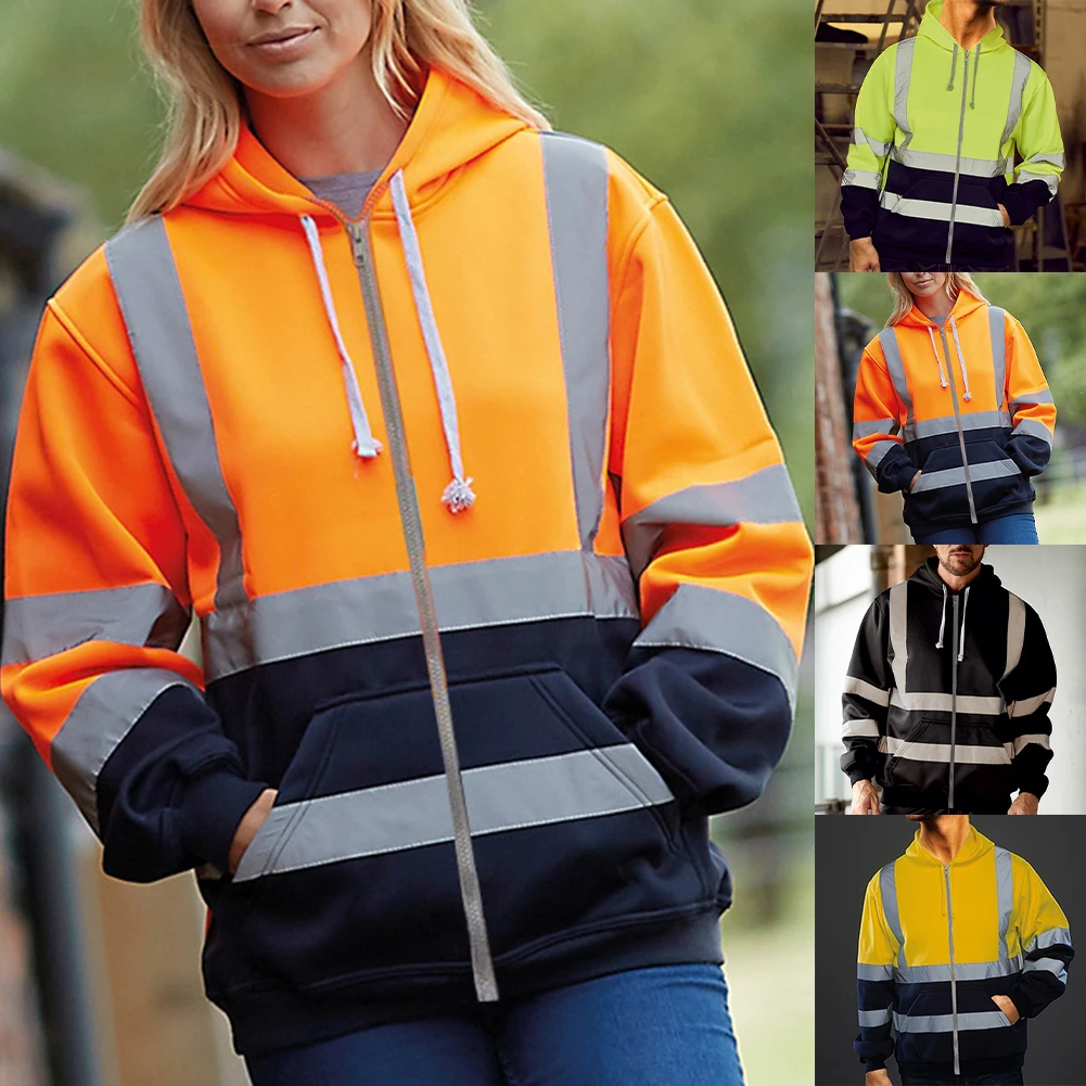 Nighttime Safety Reflective Hoodie Fleece Jacket Men's Work Fleece Jacket Work Fleece Lining Reflective Strips Color Blocking