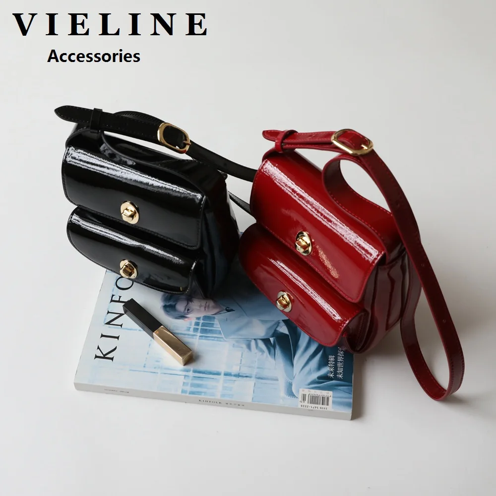 

VIELINE Women's Korean Style Retro Double Pocket Bag Glossy Surface Versatile Commuting One Shoulder crossbody messenger Bag