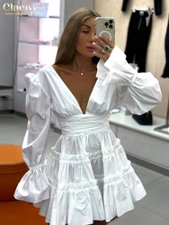 Clacive Sexy Slim White Cotton Women Dress Fashion Deep V-Neck Long Sleeve Mini Dresses Elegant Classic High Waist Female Dress