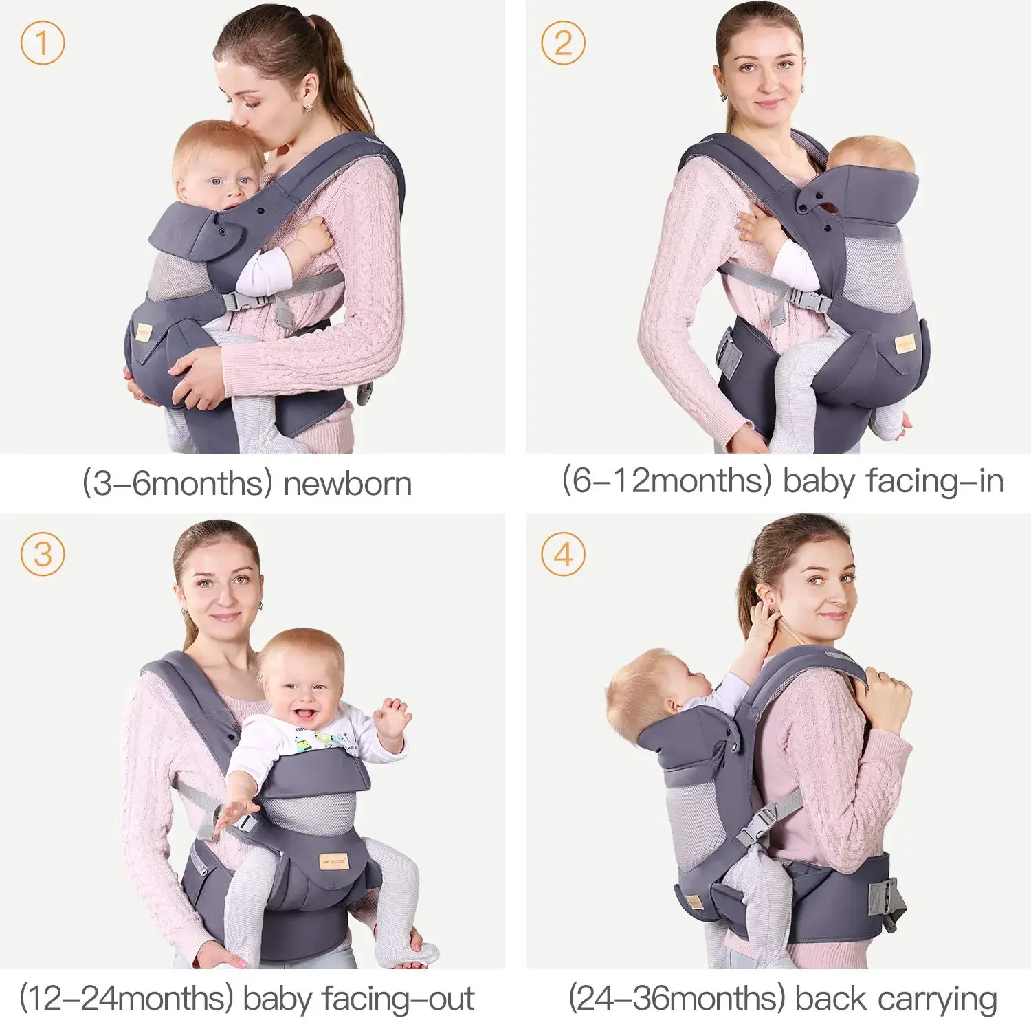 2024 Ergonomische Babytrage, 4-in-1, OEM-Großhandel, weiche Babytrage für Kleinkinder, Gehfront und Rucksack