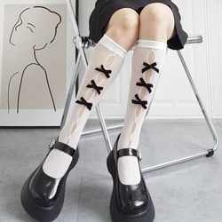 JK Hollow Bow Stockings Black White Lolita Fishing Net Socks High Tube Knee Long Socks Fashion Girls Kawaii Cosplay Sexy Nylon