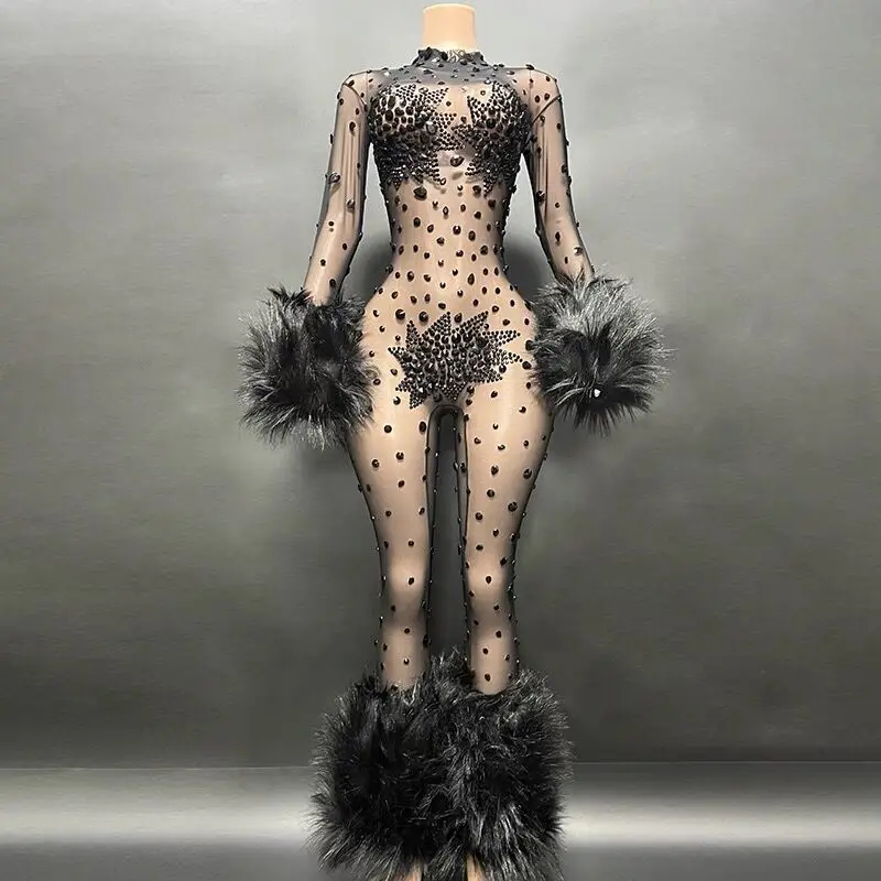 Luxury Shining Diamonds Rhinestones Black Feathers Long Sleeve Sexy Bodycon Jumpsuit Evening Dress Singer Stage Show Dress