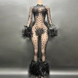 Luxury Shining Diamonds Rhinestones Black Feathers Long Sleeve Sexy Bodycon Jumpsuit Evening Dress Singer Stage Show Dress