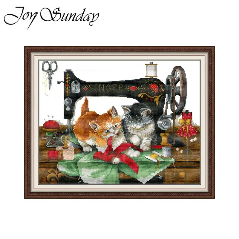 Joy Sunday Cross Stitch Kits Kitten And Sewing Machine Pattern Aida Fabric 16/14/11CT DIY Embroidery Set Printed Counted Canvas