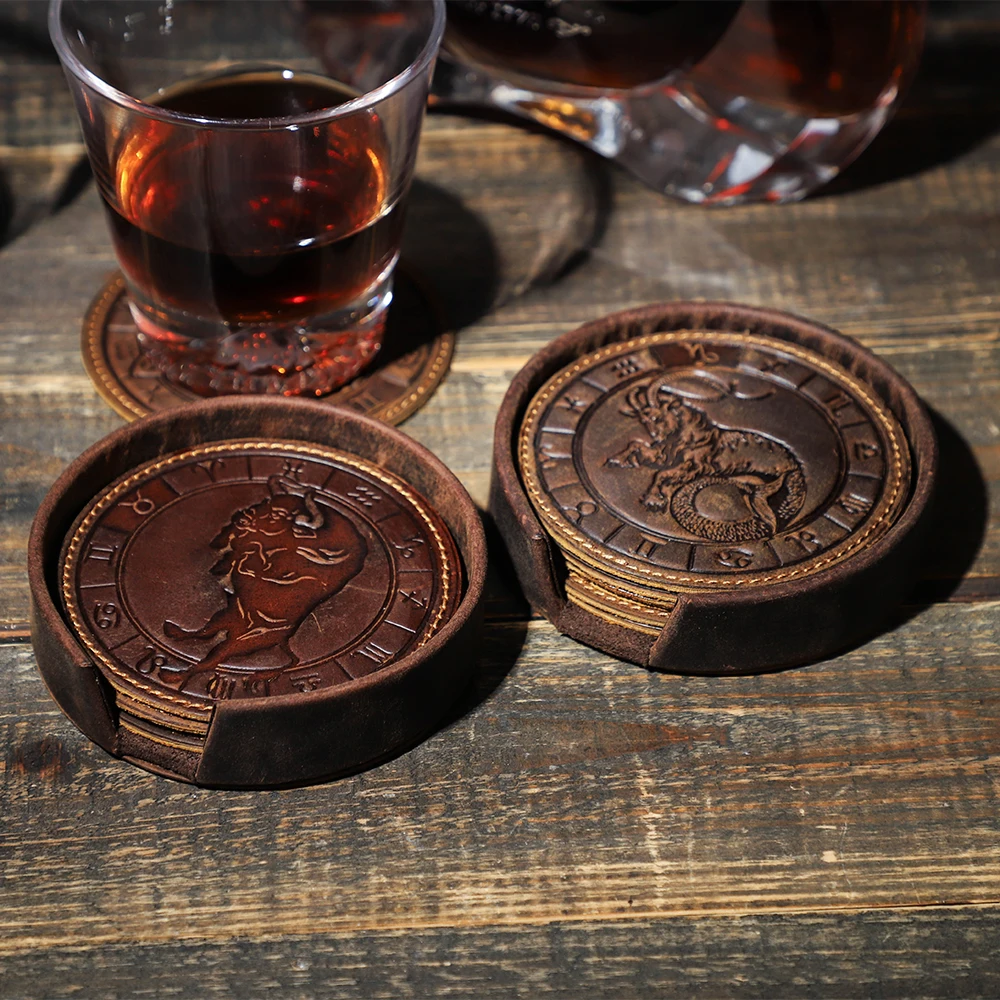 6pcs/set Genuine Leather Zodiac Coaster Drink Coffee Cup Mat Round Pad Table Placemats Round Tea Pad Home Decoration