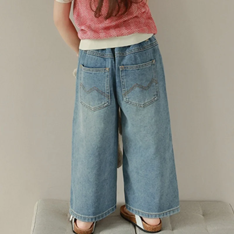 3-8Y Girl Wide Leg Pants All Seasons Skin Friendly And Breathable Elastic Waist Denim Fabric Girls Loose Straight Jeans