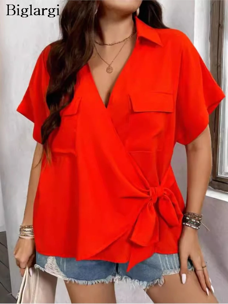 Plus Size Summer V-Neck Tops Women Irregular Bow Fashion Irregular Loose Pleated Ladies Blouses Short Sleeve Casual Woman Tops