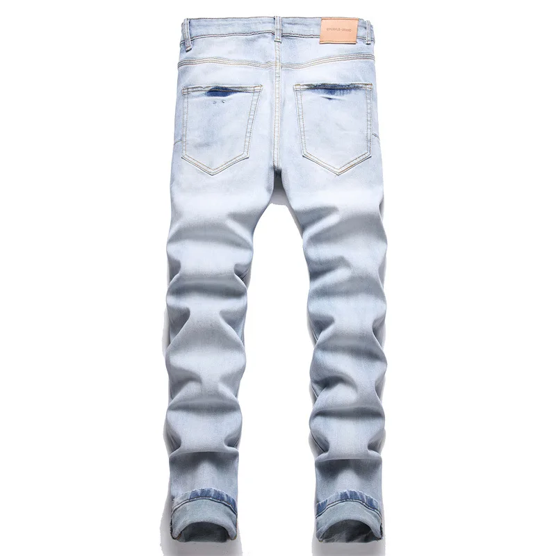 New Fashion Trend Blue Printed Jeans Mid-Waist Stretch Casual Slim Men\'s Denim Casual Pants