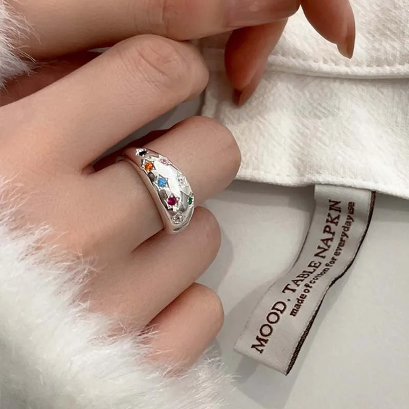 BF CLUB 925 Sterling Silver Ring For Women Star Zircon Oval Finger Open Vintage Handmade Ring Allergy For Party Birthday Gift