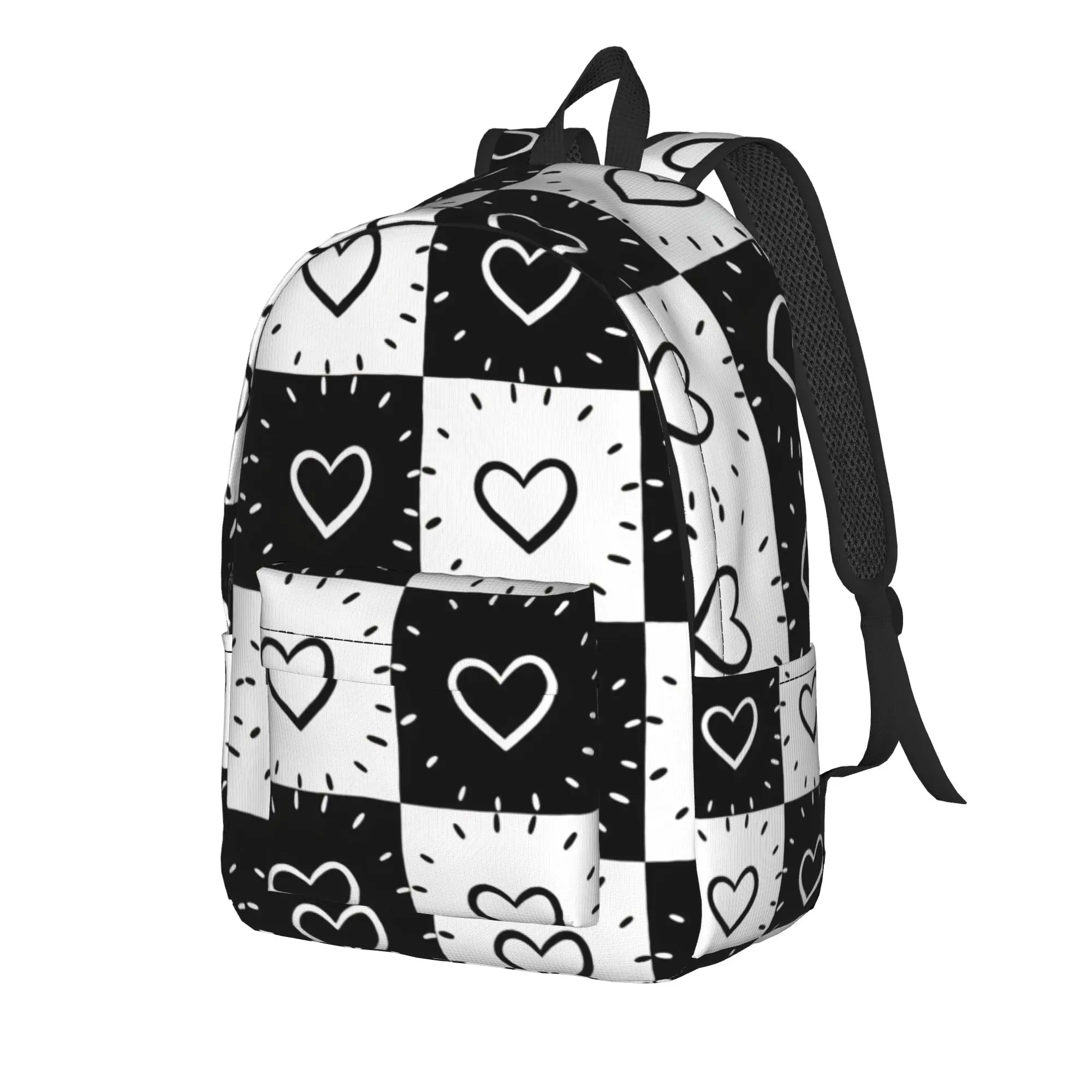 Black White Checkered Hand Drawn Heart Backpack  Camping Backpacks Women Men Streetwear High School Bags Custom Print Rucksack