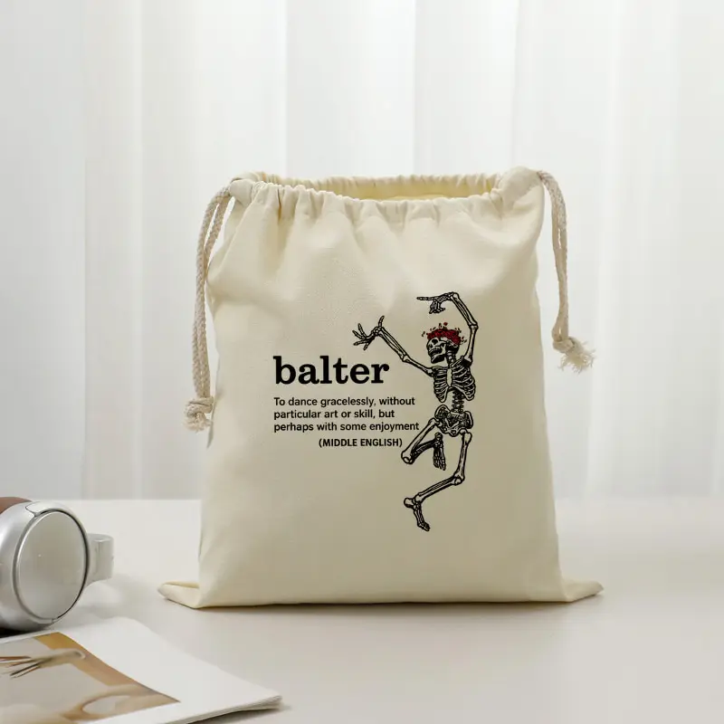 Vintage Balter Dancing Skeleton Drawstring Candy Bag Funny Skull Red Flower Print Portable Trick or Treat Sweet Storage Pouch