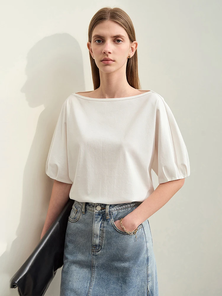 Amii Minimalism T-shirts for Women 2024 Summer New Solid Cotton Slash Neck Loose Lantern Sleeve Casual Female Tops 12452060