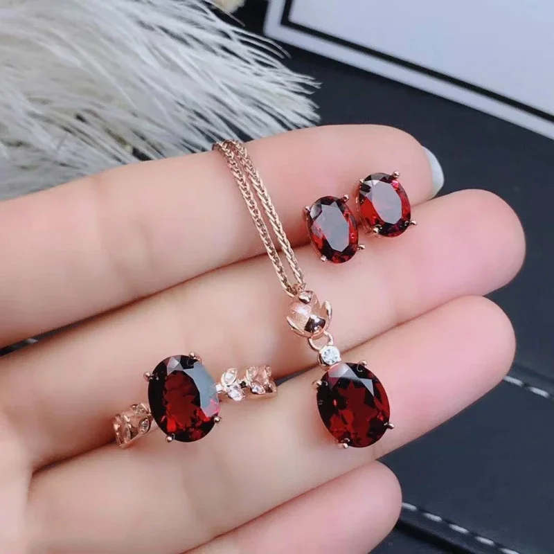 Boutique Jewelry 925 Sterling Silver Inlaid Natural Garnet Ring Earring Necklace Set Support Test  Bracelets for Women