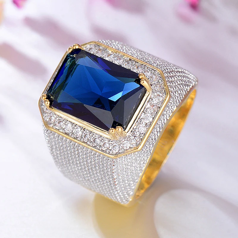 Huitan Sparkling Blue/Black Cubic Zirconia Wedding Rings Women Luxury Wide Ring Full Bling Iced Out Engagement Trendy Jewelry