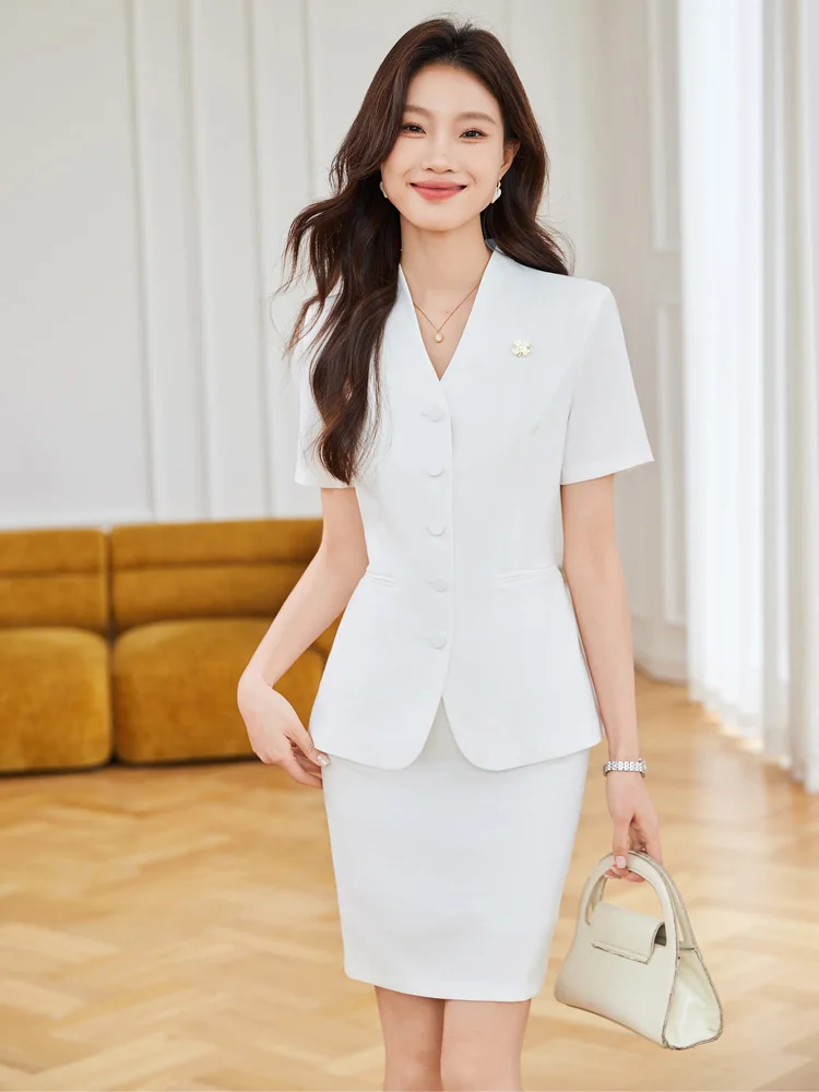 

AIyssa Fashion professional women's clothing, short-sleeved striped suit set, high-quality two-piece short skirt + blazer