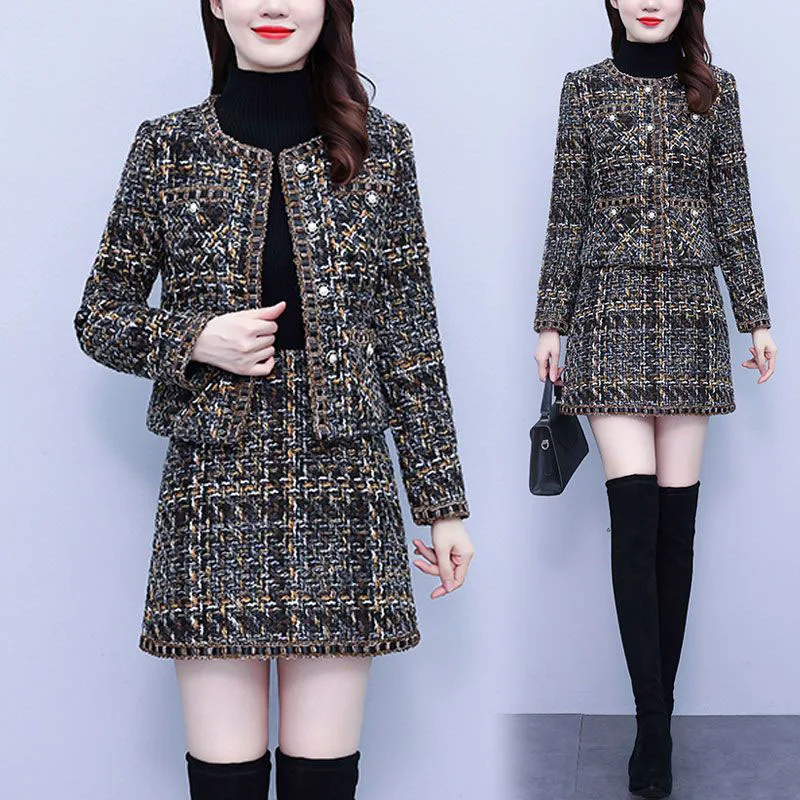 Two-Piece Oversized Skirt Set for Women, Female Casual Dress Sets, Autumn and Winter Style, Small Fragrant Wind Coat, High-Grade