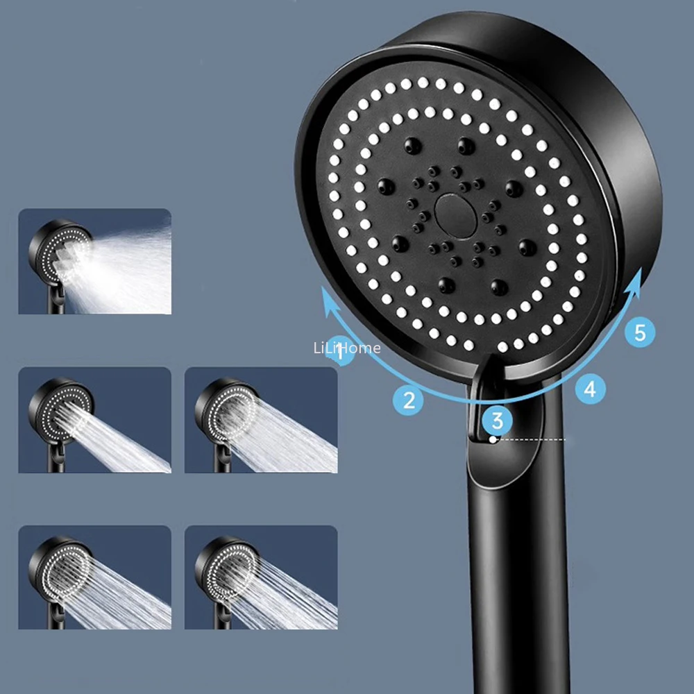 High Pressure Shower Head 5 Modes Bathroom Adjustable Showerheads Water Saving One-Key Stop Spray Nozzle Bathroom Accessories