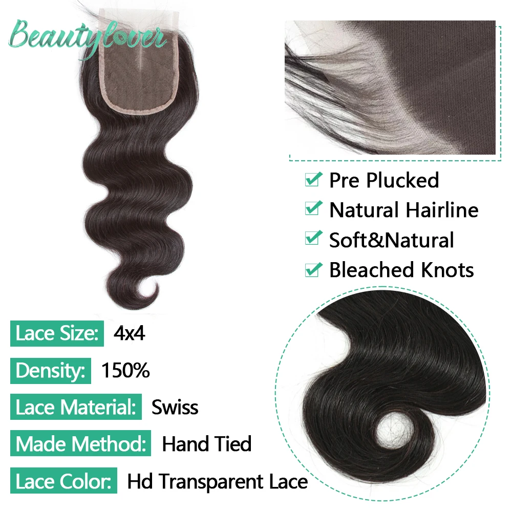 Bundles de vague de corps de cheveux humains avec fermeture, extensions de cheveux bruts, 4x4, 5x5, 32 pouces, 24 pouces