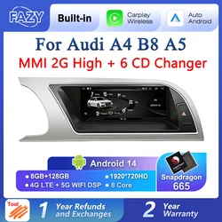 Android 14 System Car Multimedia Screen Player For Audi A4 B8 A5 2008 2009 2010 MMI 2G High CD changer GPS Navi Google Carplay