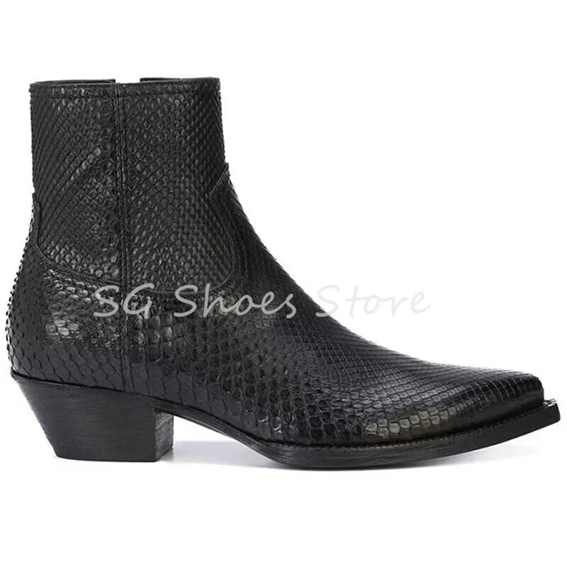 Snakeskin Pattern Pointed Toe Wedges Chelsea Boots for Men Side Zipper Hight Heel Balck Leather Boots Male Business Dress Shoes