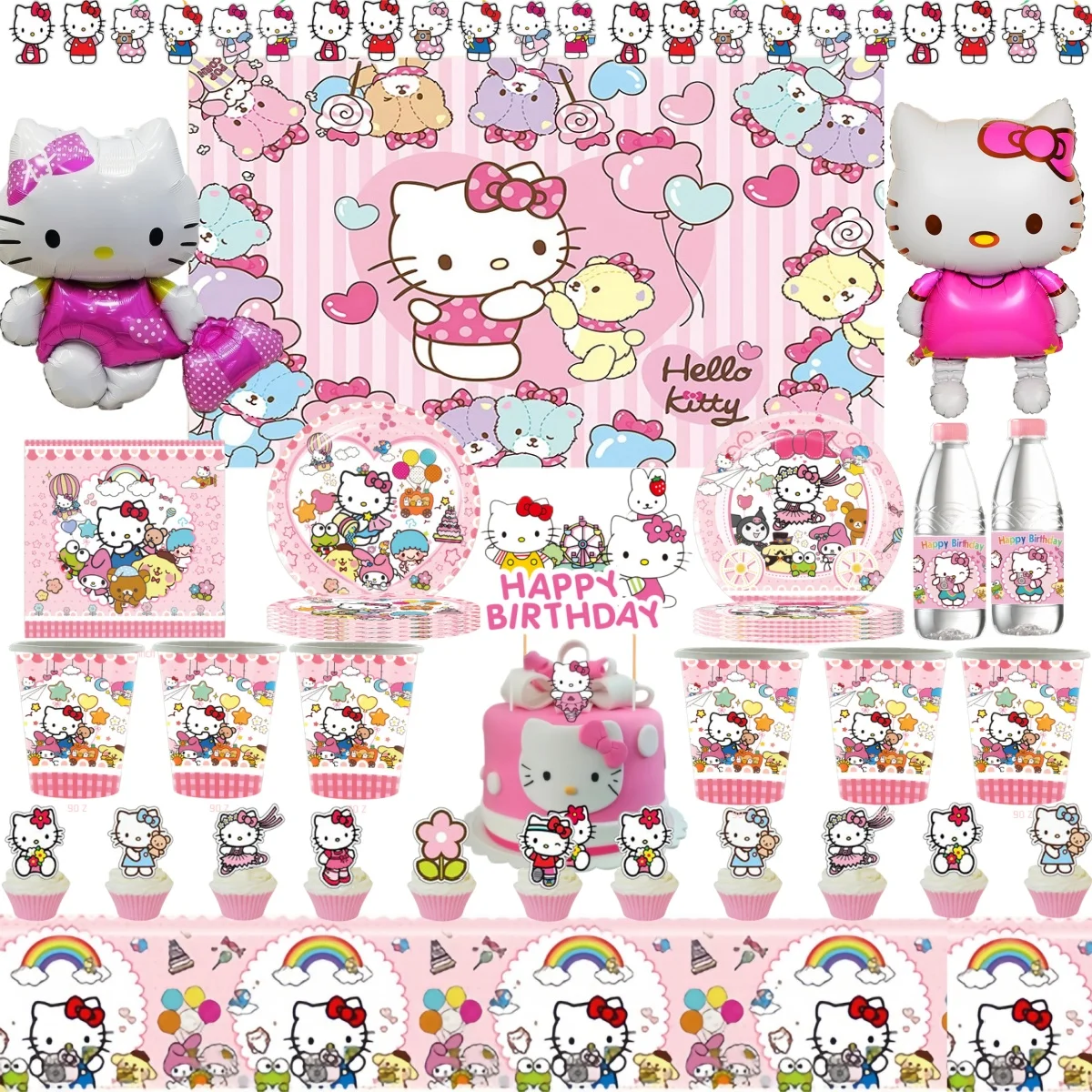 Hello Kitty Party Supplies Cartoon Cat Disposable Tableware Tablecloth Cup Plate Balloons Girls Favors Birthday Party Decoration