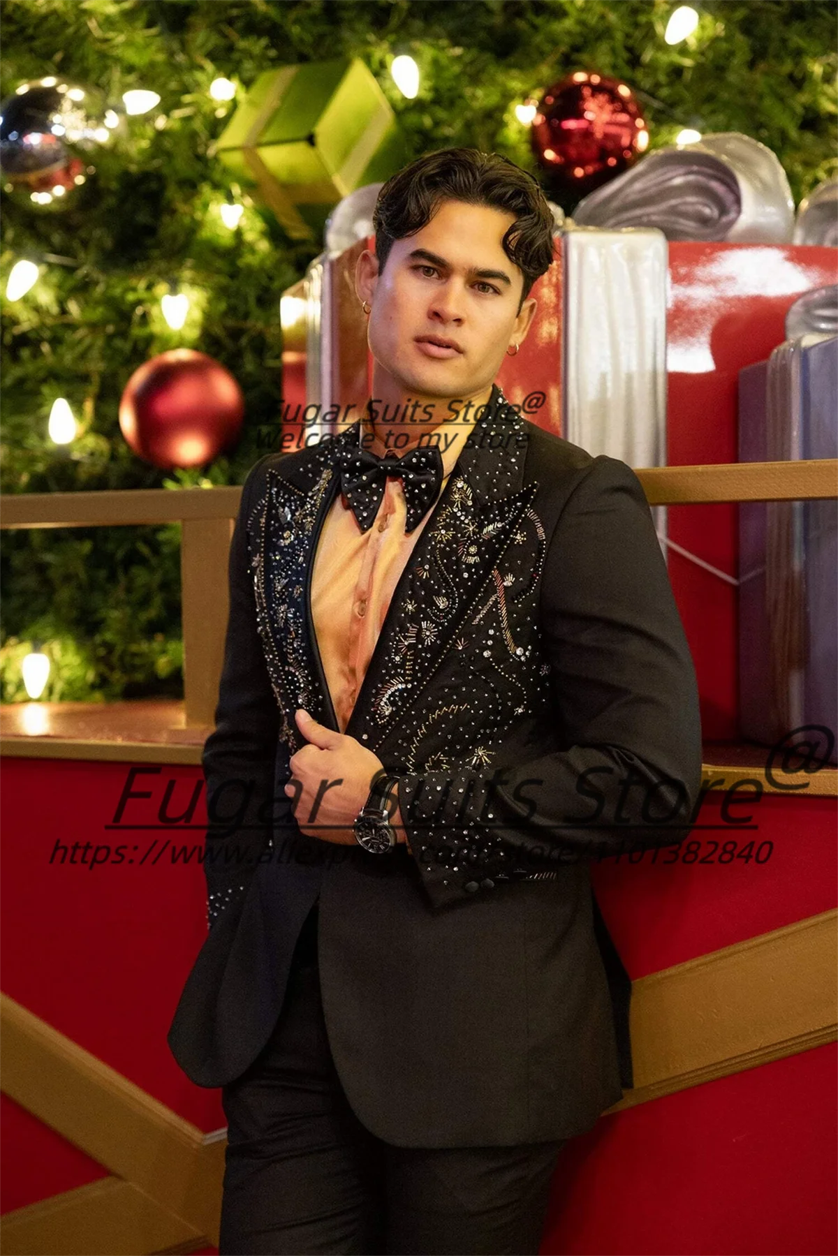 

Luxuly Black Beadwork Formal Groom Wedding Tuxedos 2Pieces Sets Customized Slim Fit Peak Lapel Men Suits Prom trajes para hombre