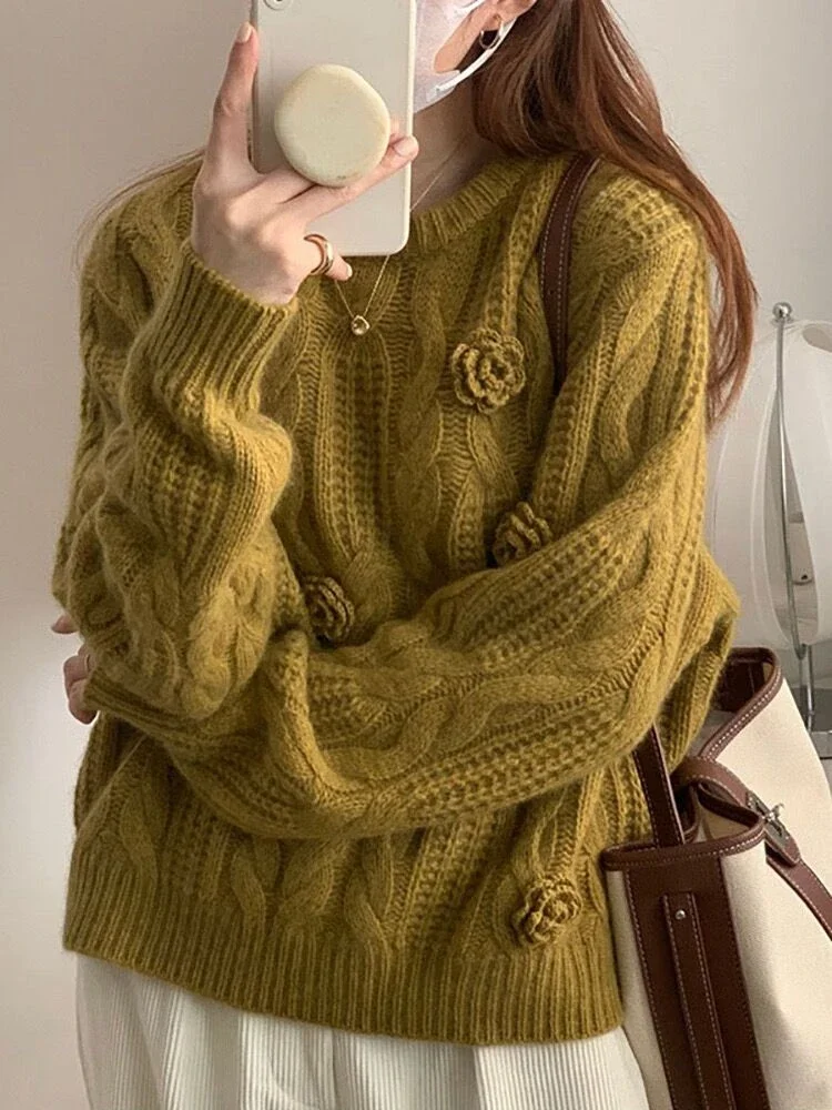 2024 Women Clothing Oversized Pullovers Tops O-neck Casual Jumper Chic 3D Floral Knitted Ribbed Vintage Sweater Sueter Mujer