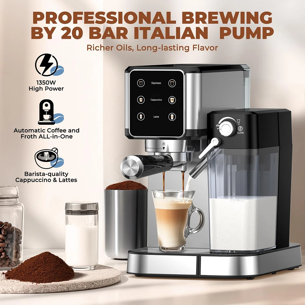 &* Touchscreen Coffee Maker With Grinder 20Bar Espresso Machine 1.7L Tank Programmable Brewing For Home/Office/Cafe OEM Support