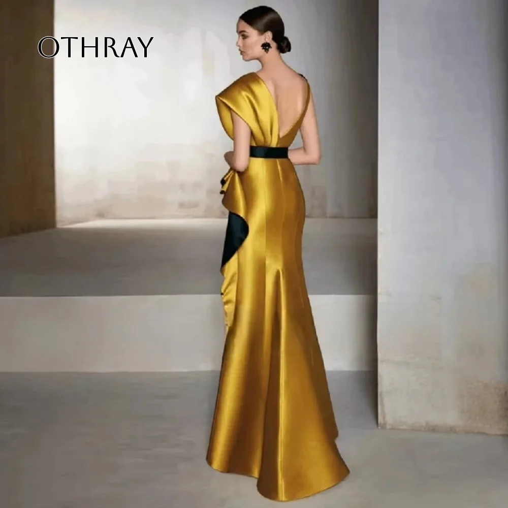 OTHRAY Gold Mermaid Appliques Floor Length Mother of the Bride Dresses O Neck Short Sleeves Wedding Party Gowns Satin Prom Gown