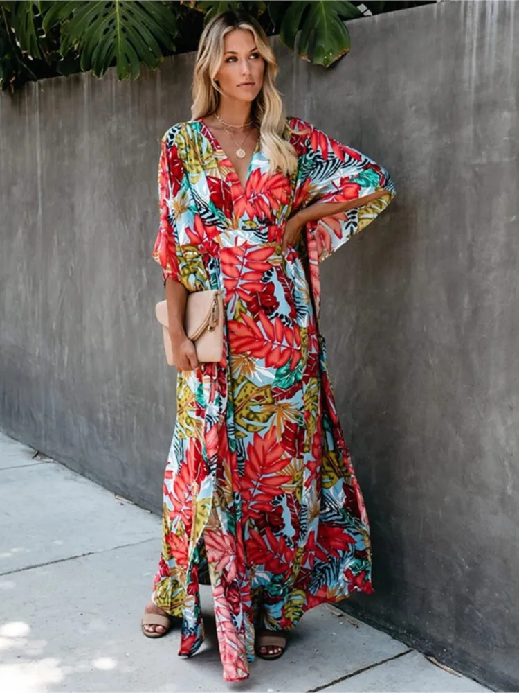 Boho Floral Print Long Dresses For Women 2024 Summer Autumn New Batwing Sleeve High Waist Slit Vacation Beach Party Dress Robe