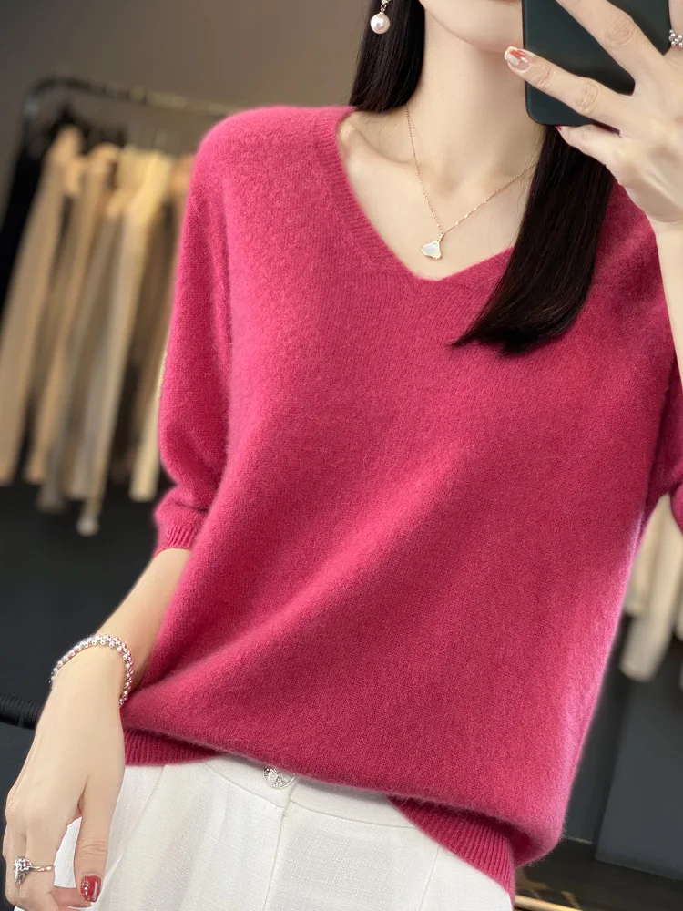 Aliselect Damskie swetry z dzianiny z krótkim rękawem 100% czystej wełny merynosów Kaszmir Wiosna Moda V-Neck Top Pullover Odzież