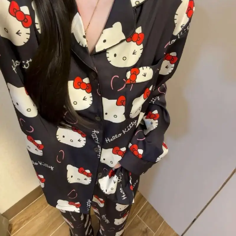Kawaii سانريو مرحبا كيتي أنيمي جديد 2 قطعة/المجموعة بيجامة الكرتون طويلة الأكمام السراويل السوداء المنزل/في الهواء الطلق المتسكعون ملابس المنزل 2025