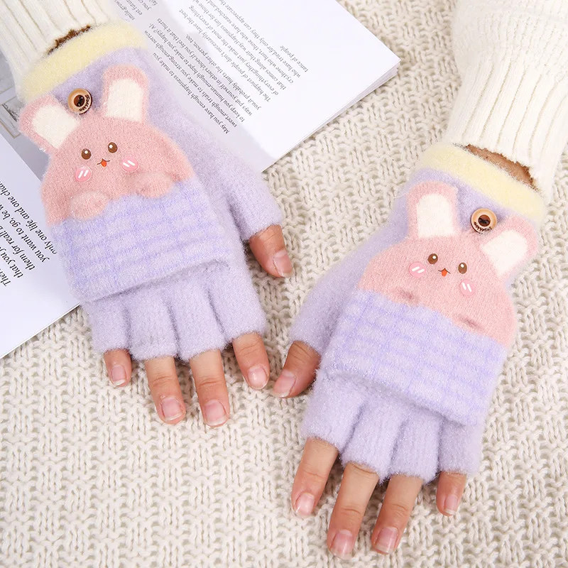3-12 Years Kids Boys Girls Homework Gloves Cute Rabbit Ear Half Finger Flip Cover Winter Warm Gloves Knitted Cold-Proof Mittens image 5