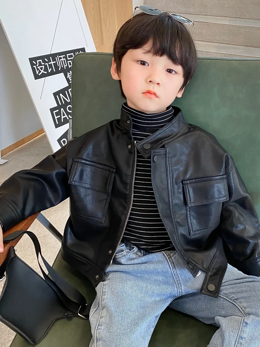 

Boys Spring and Autumn Coat Korean Version of Children's Leather Jacket Handsome Children's Jacket Top Trendy