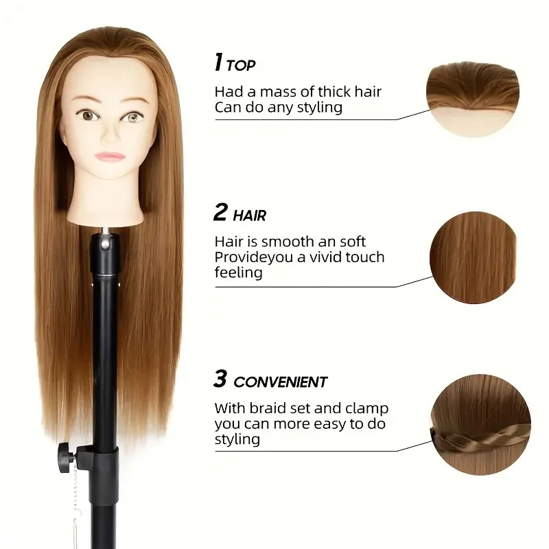 رأس عارضة أزياء مقاس 24 بوصة، رأس دمية لممارسة مستحضرات التجميل مع شعر، رأس تجديل لتصفيف الشعر
