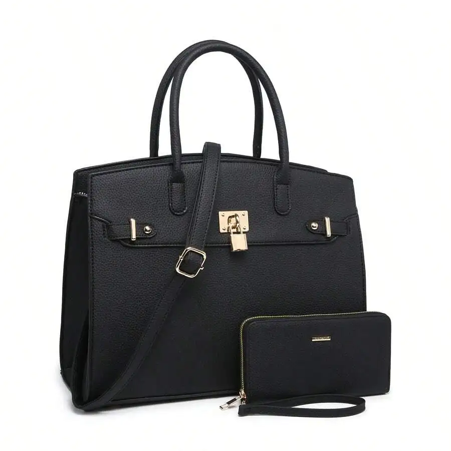 Women's Fashion Handbag And Wallet Set With Adjustable Crossbody Strap Large Shoulder Bag And Small Clutch 2-Piece Combo, Metal