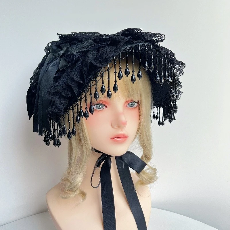 Victorian Gothic Teaparty Hat with Lace Bowknot Design Black Pearls Tassesl Hat Prop Fashionable Accessory for Halloween Party 2