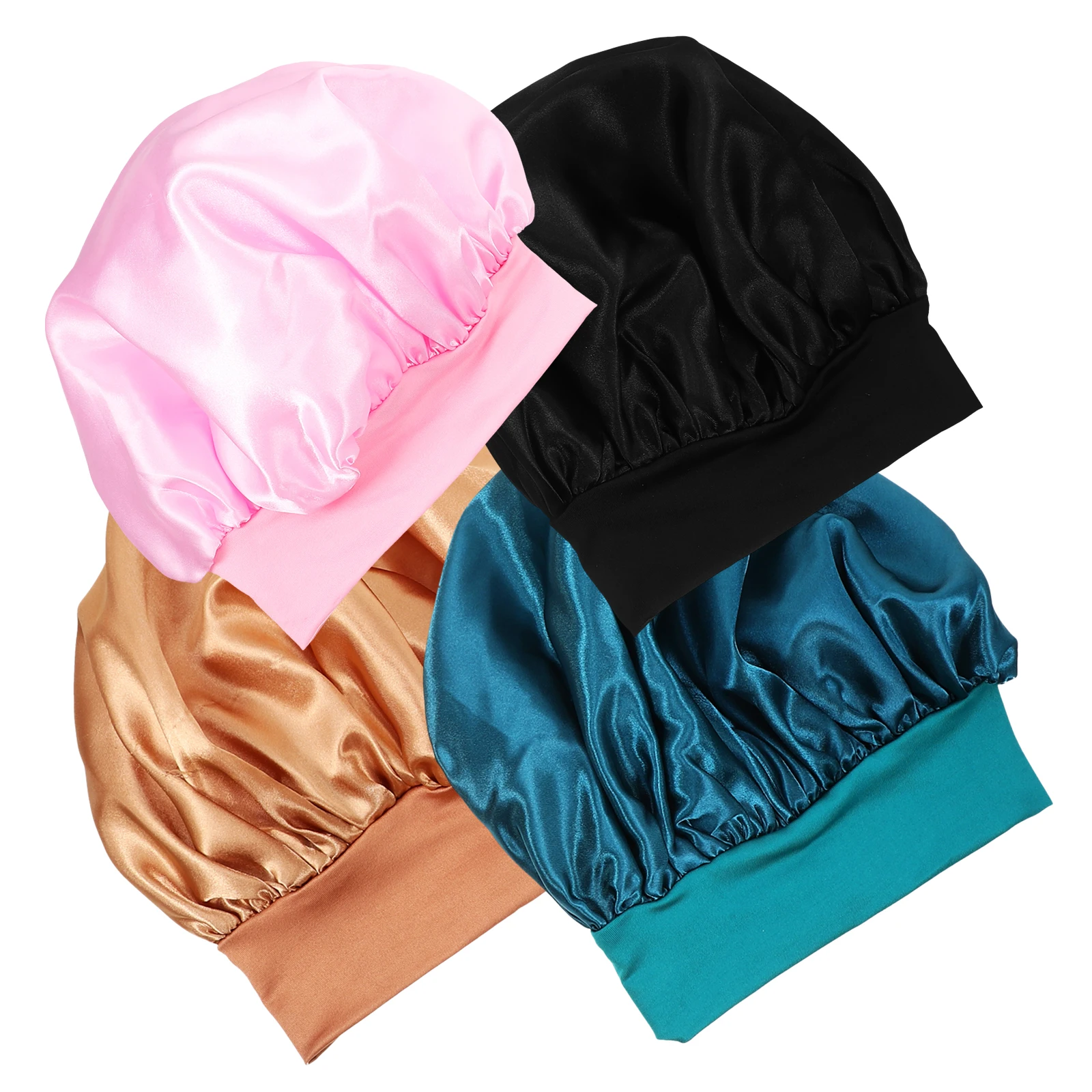 

4pcs Wide-brimmed Elastic Sleep Caps for Adult Hair Care Night Bonnet Decorative Bath Hat Khaki Blue