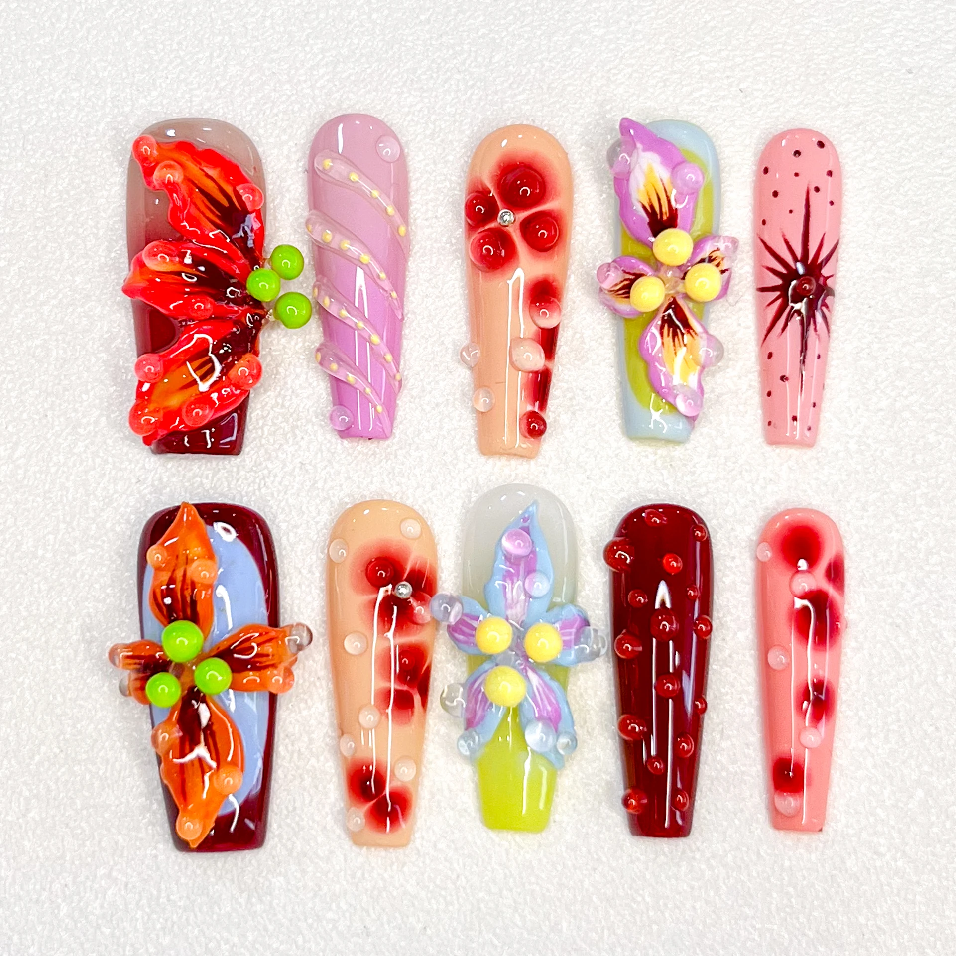 Rainbow Floral Press on Nails Handmade