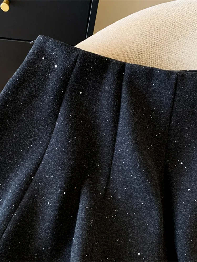 High end sequined woolen skirt autumn and winter retro high waist slimming A-line umbrella short skirt with crotch covering
