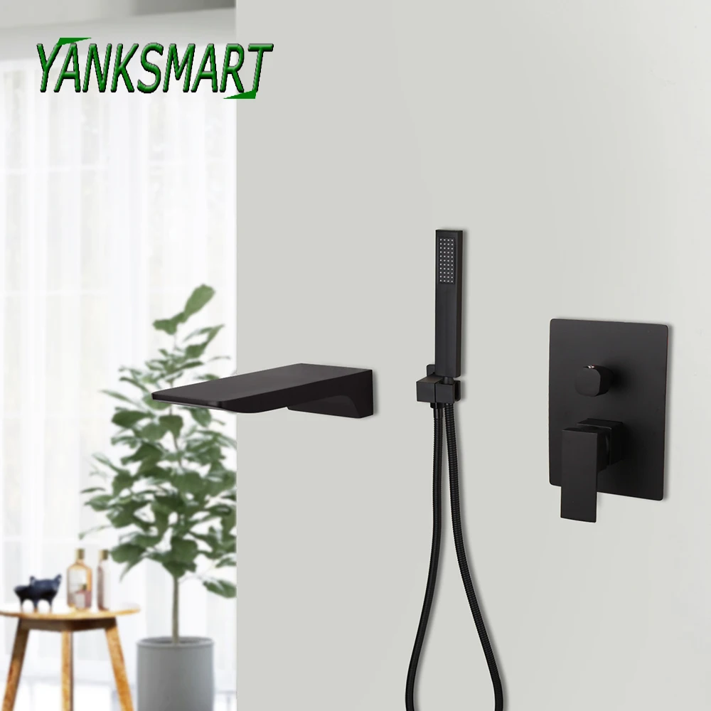 

YANKSMART Matte Black Bathroom Shower Faucet Set Hand Shower Rotate Bath Waterfall Spout Mixer Water Tap Combo Kit