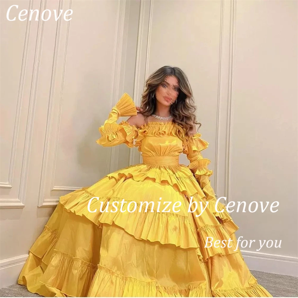 Cenove Long Sleeves A-Line Evening Gown Formal Princess Boat Neck Bubble Prom Yellow New Party Dresses for Women 2023