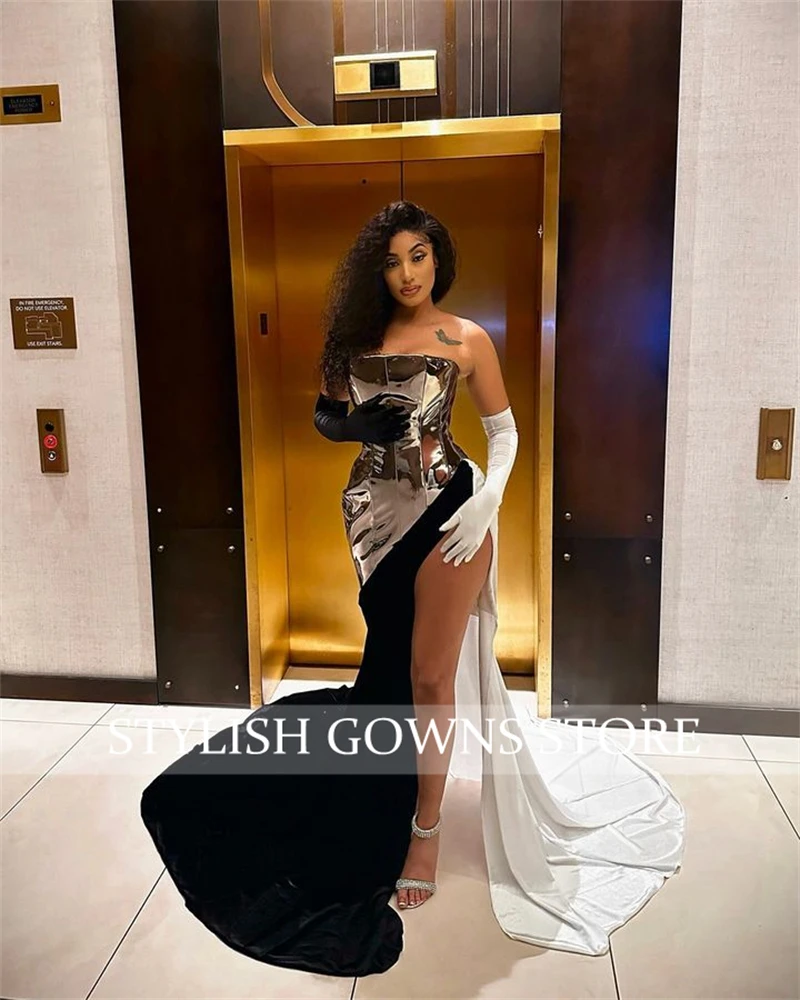 Luxury Sweetheart Evening Dresses Black And White Gloves Long Prom Gowns Black Girls High Slit Birthday Party Customized