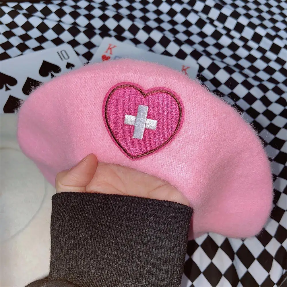 Pink Girl Beret Japanese Cute Harajuku Y2K Hot Girl Sweet Heart Love Cross Wool Embroidery Kawaii Women Hat Lolita Accessories