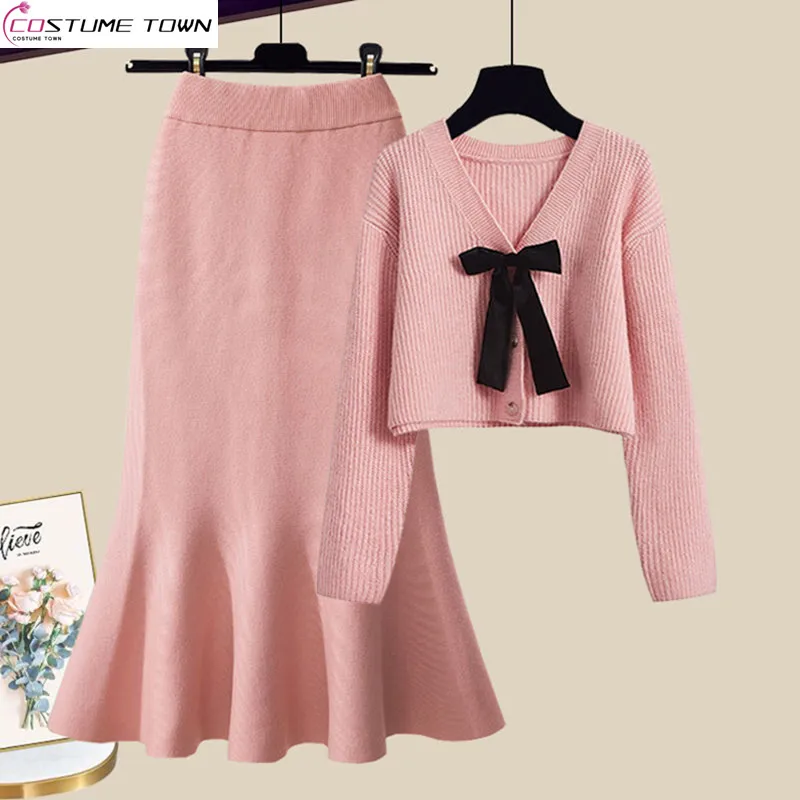 Large Women's Autumn and Winter Set 2023 New Korean Sweetheart Style Slim Knitted Sweater Fish Tail Skirt Two Piece Set