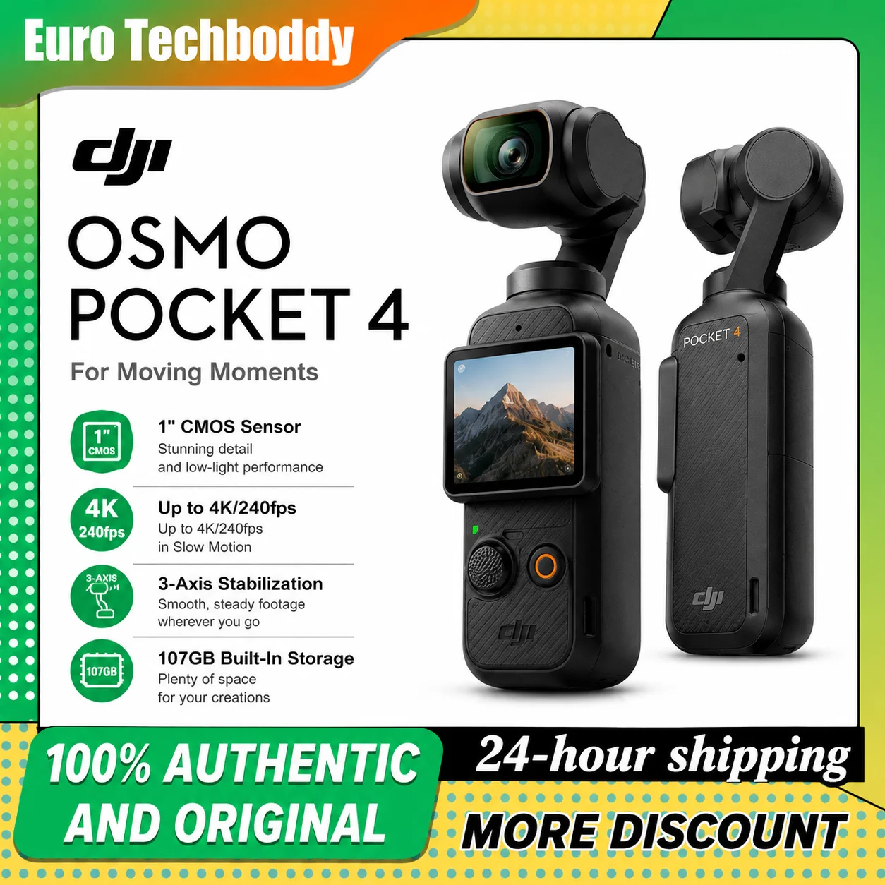 DJI Osmo Pocket 4 Fotocamera Gimbal Tascabile 4K 240fps Slow Motion per Vlog, Sensore CMOS da 1 Pollice, Stabilizzatore a 3 Assi, ActiveTrack 7.0, Messa a Fuoco Intelligente, Mini Videocamera